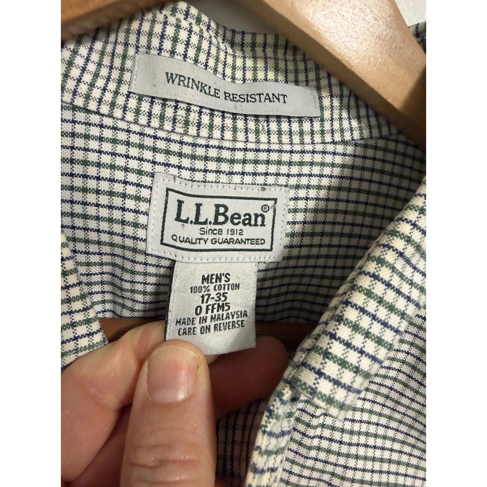 LL Bean Button Down Shirt Mens 17-35 Green Blue Check Wrinkle Resistant Cotton - Picture 3 of 7
